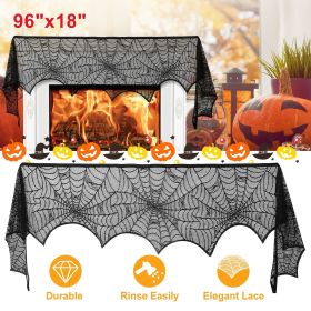 2PCS Halloween Mantle Scarf (96"x18") - Black Lace with Spider Web, Spider & Bat Design, Soft Anti-Crease Fabric - Perfect for Fireplace