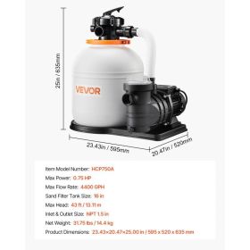 16 In Sand Filter Pump For Above Ground Pool, 0.75 HP 4400 GPH, Swimming Pool Sand Filter Pump With Pre-Assembled Core & Leak-Resistant Design, 6 (Option: Black)